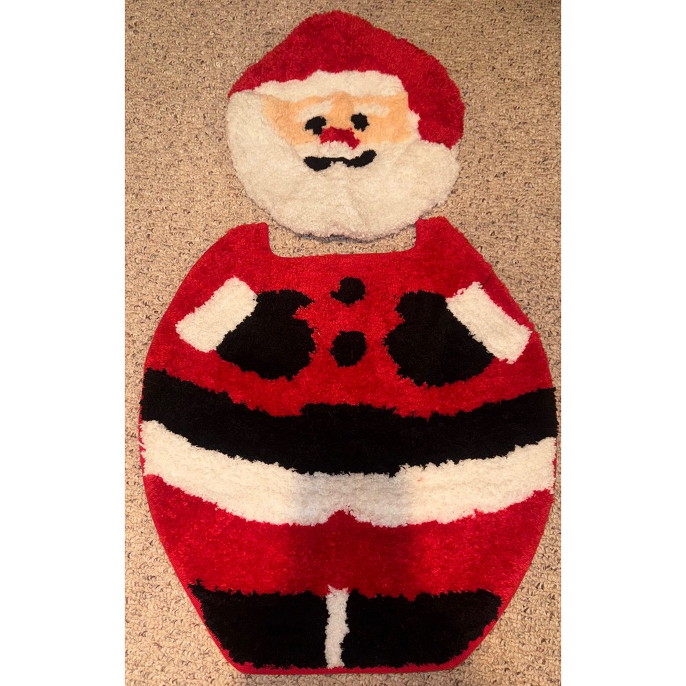 Santa Claus Christmas Bathroom Set Toilet Lid Cover and Floor Mat Rug Red White